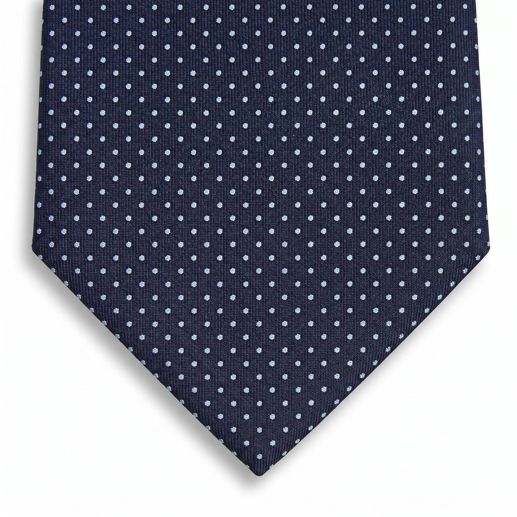 navy blue 3-fold sartorial silk tie with light blue polka dots, tonal pattern, handmade in Como