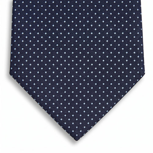 navy blue 3-fold sartorial silk tie with light blue polka dots, tonal pattern, handmade in Como