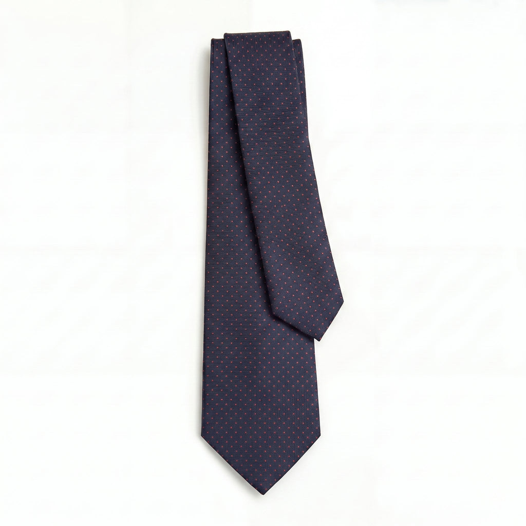 CRAVATTA BLU SCURO 3 PIEGHE SARTORIALE IN SETA - Pois rossi - Lorenzi Como luxury silk tie