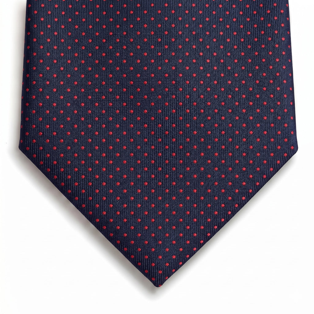 navy blue 3-fold sartorial silk tie with red polka dots, handmade in Como, Italy