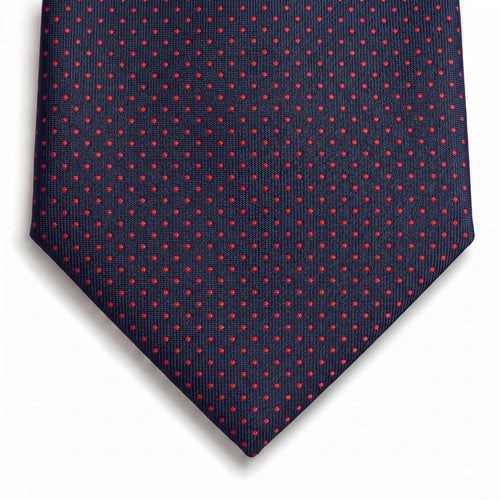 navy blue 3-fold sartorial silk tie with red polka dots, handmade in Como, Italy