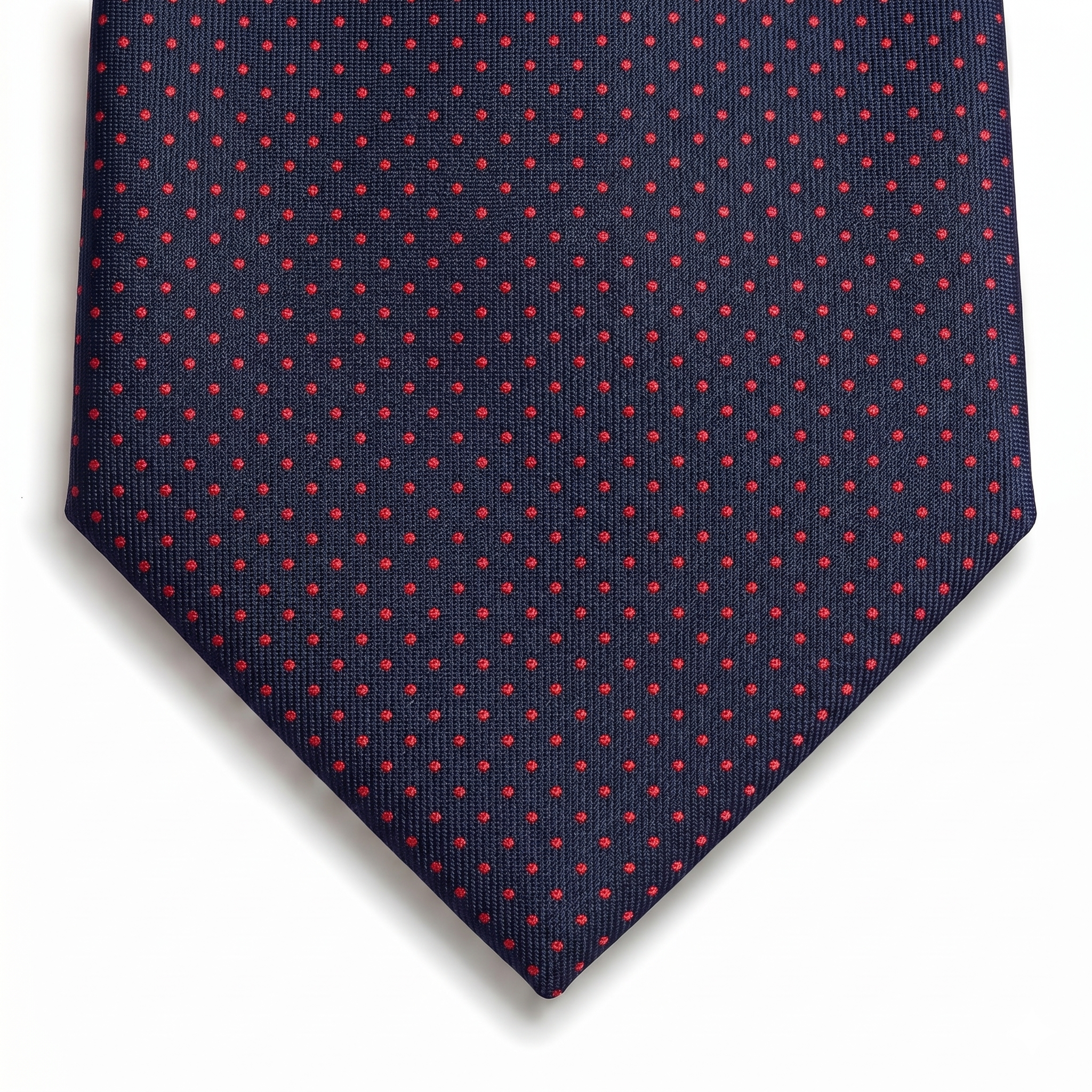 navy blue 3-fold sartorial silk tie with red polka dots, handmade in Como, Italy