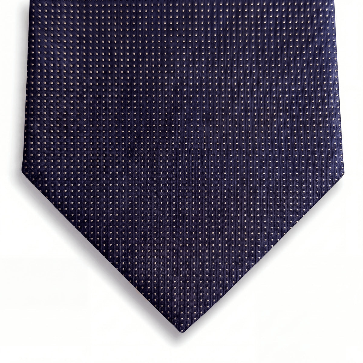 cravatta blu navy 3 pieghe in seta con pois, fatta a mano a Como da Lorenzi Como