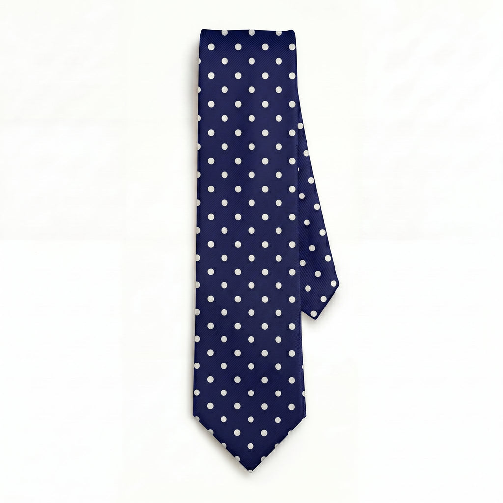 CRAVATTA BLU SCURO 3 PIEGHE IN SETA JACQUARD - Pois bianchi - Lorenzi Como luxury silk tie