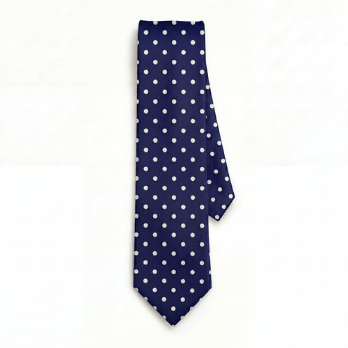 CRAVATTA BLU SCURO 3 PIEGHE IN SETA JACQUARD - Pois bianchi - Lorenzi Como luxury silk tie