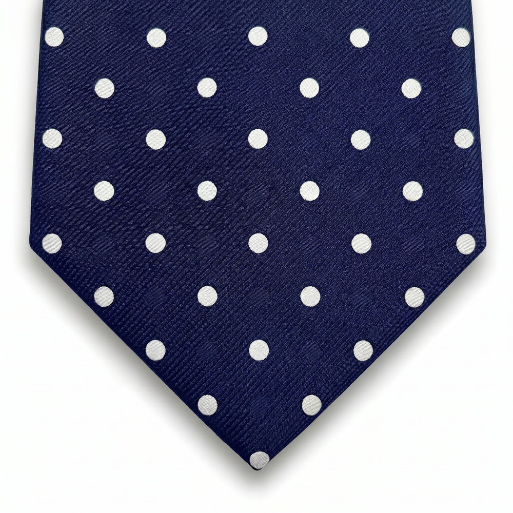 navy blue 3-fold sartorial silk tie with white polka dots, handmade in Como, Italy