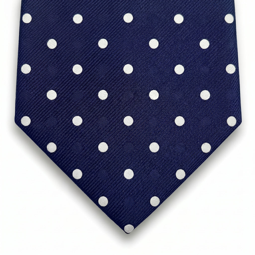 navy blue 3-fold sartorial silk tie with white polka dots, handmade in Como, Italy