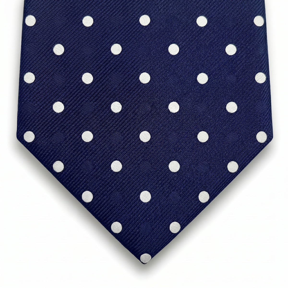 navy blue 3-fold sartorial silk tie with white polka dots, handmade in Como, Italy