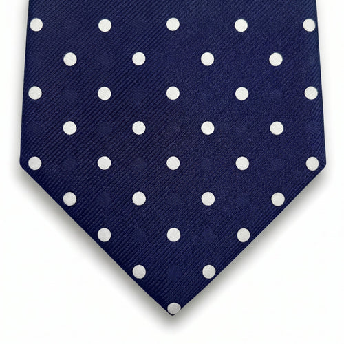 navy blue 3-fold sartorial silk tie with white polka dots, handmade in Como, Italy