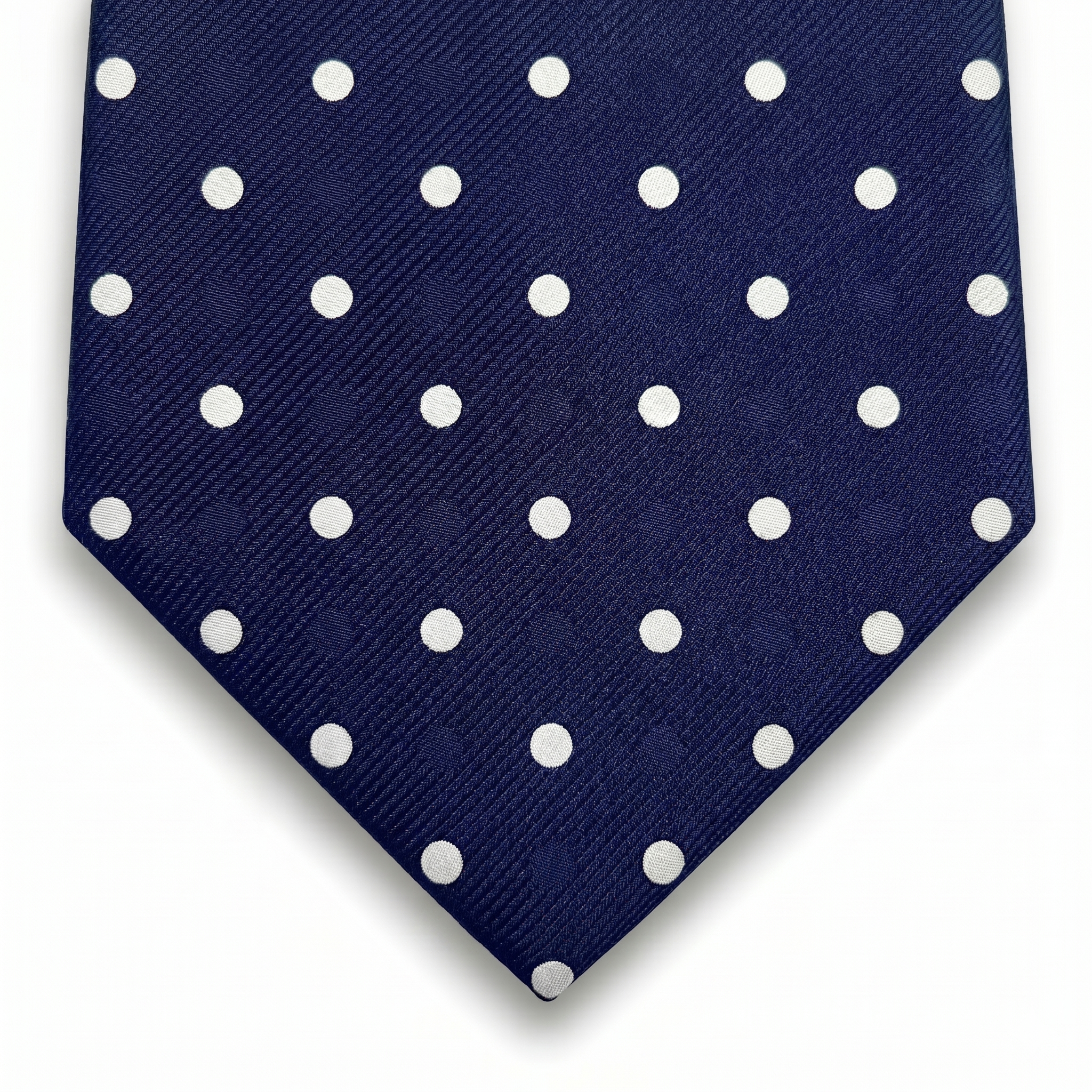 navy blue 3-fold sartorial silk tie with white polka dots, handmade in Como, Italy