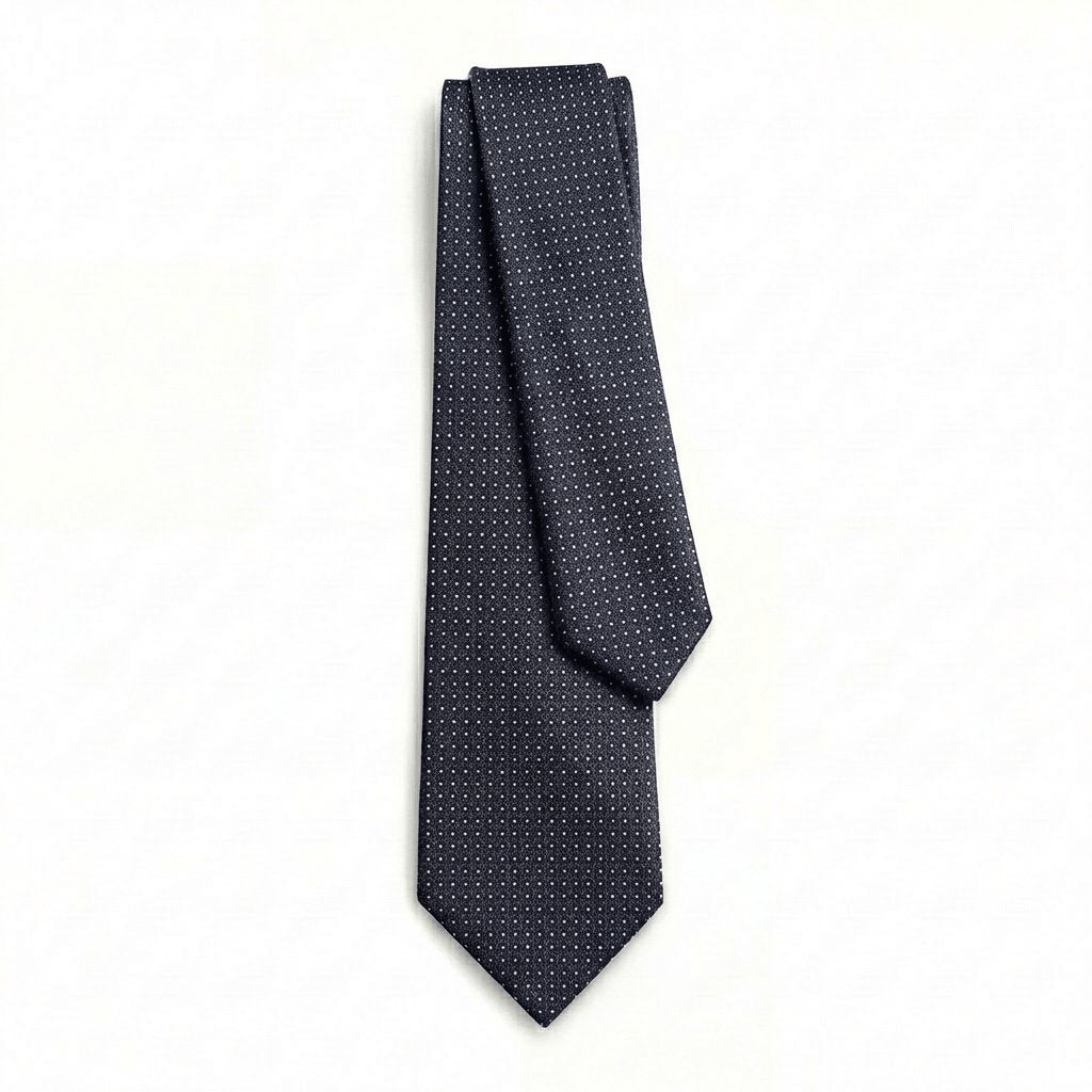 Dark Blue 5-Fold Jacquard Silk Tie - White Pin Dot - Lorenzi Como luxury silk tie