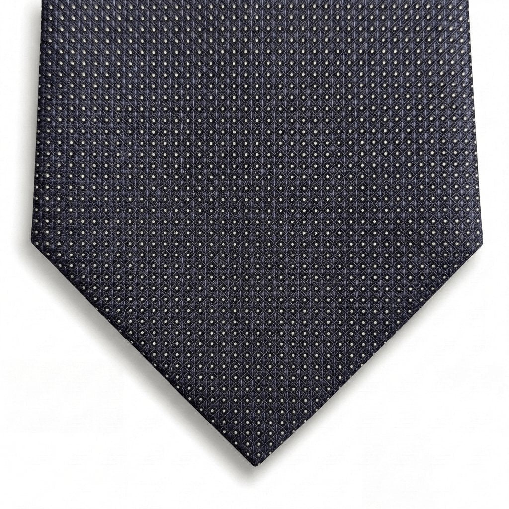 Dark Blue 5-Fold Jacquard Silk Tie - White Pin Dot - Lorenzi Como luxury silk tie