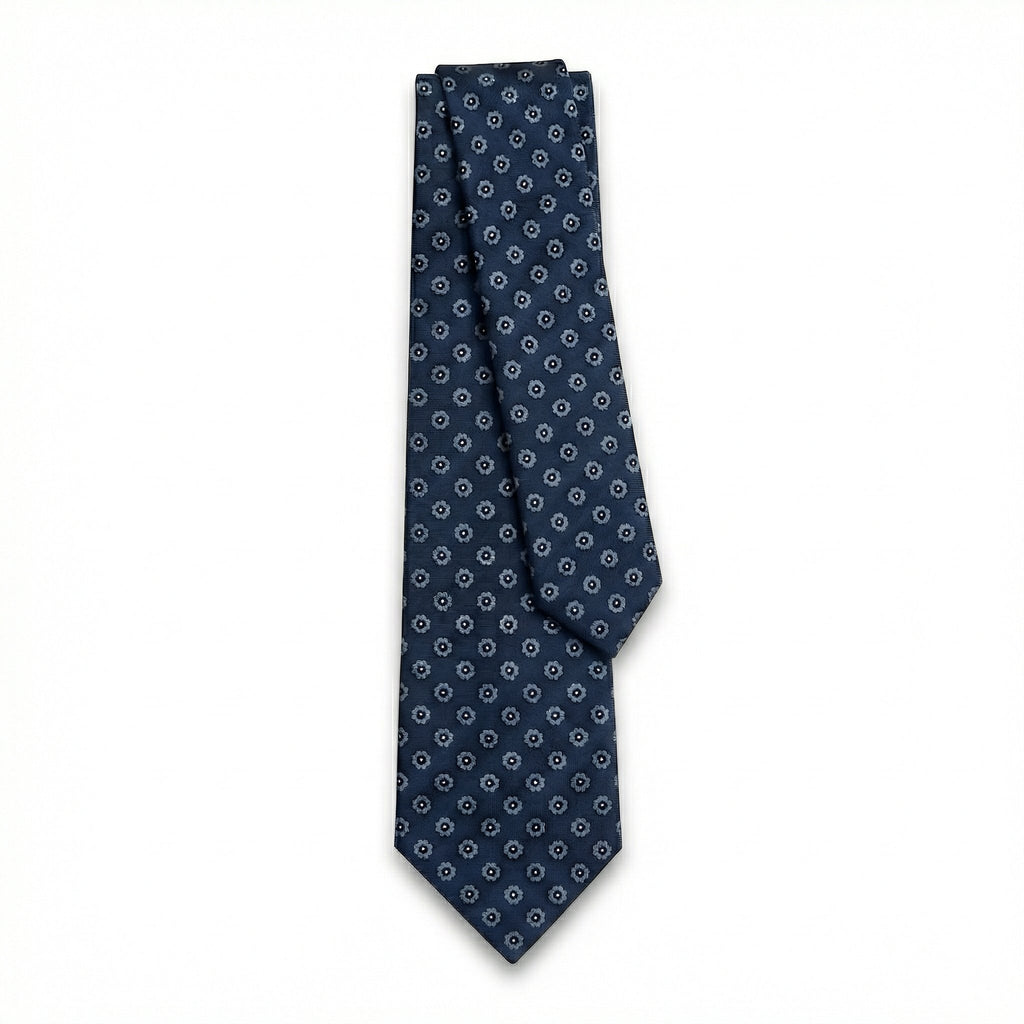 DARK BLUE FLORAL 5-FOLD SARTORIAL SILK TIE - Lorenzi Como luxury silk tie