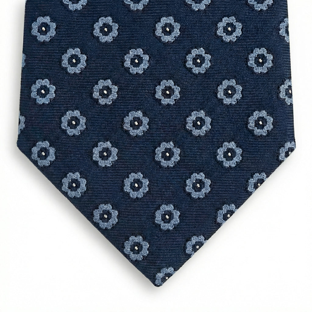 Dark Blue Floral 5-Fold Sartorial Silk Tie, full tie displayed on white background