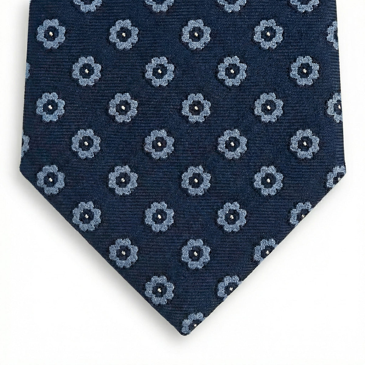 Dark Blue Floral 5-Fold Sartorial Silk Tie, full tie displayed on white background