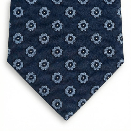 Dark Blue Floral 5-Fold Sartorial Silk Tie, full tie displayed on white background