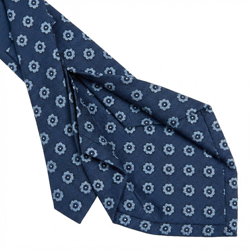 cravatta blu navy 5 pieghe in seta jacquard con floreale, fatta a mano a Como da Lorenzi Como