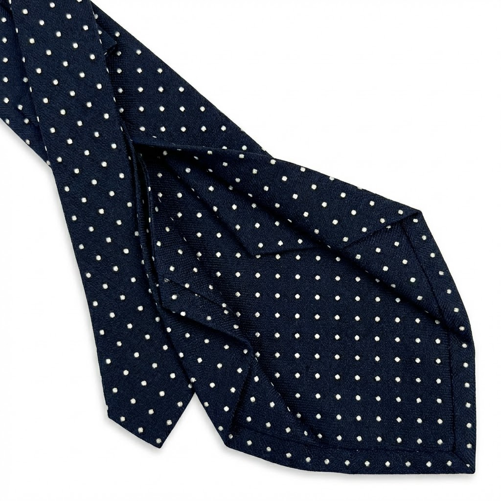cravatta blu navy 5 pieghe in seta jacquard con pois, fatta a mano a Como da Lorenzi Como