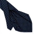 cravatta blu navy 5 pieghe in seta jacquard con pois, fatta a mano a Como da Lorenzi Como