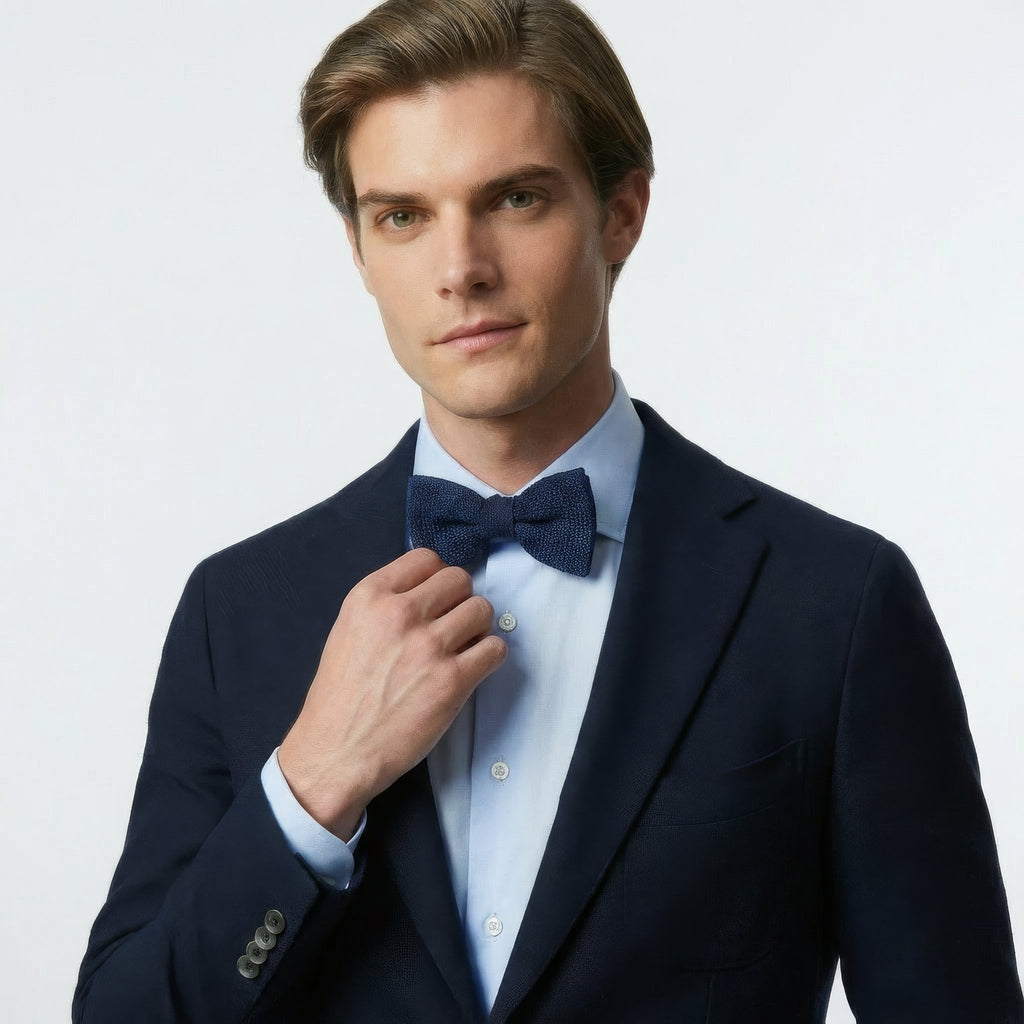 Dark Blue Silk Satin Bowtie To Self-Tie, full tie displayed on white background