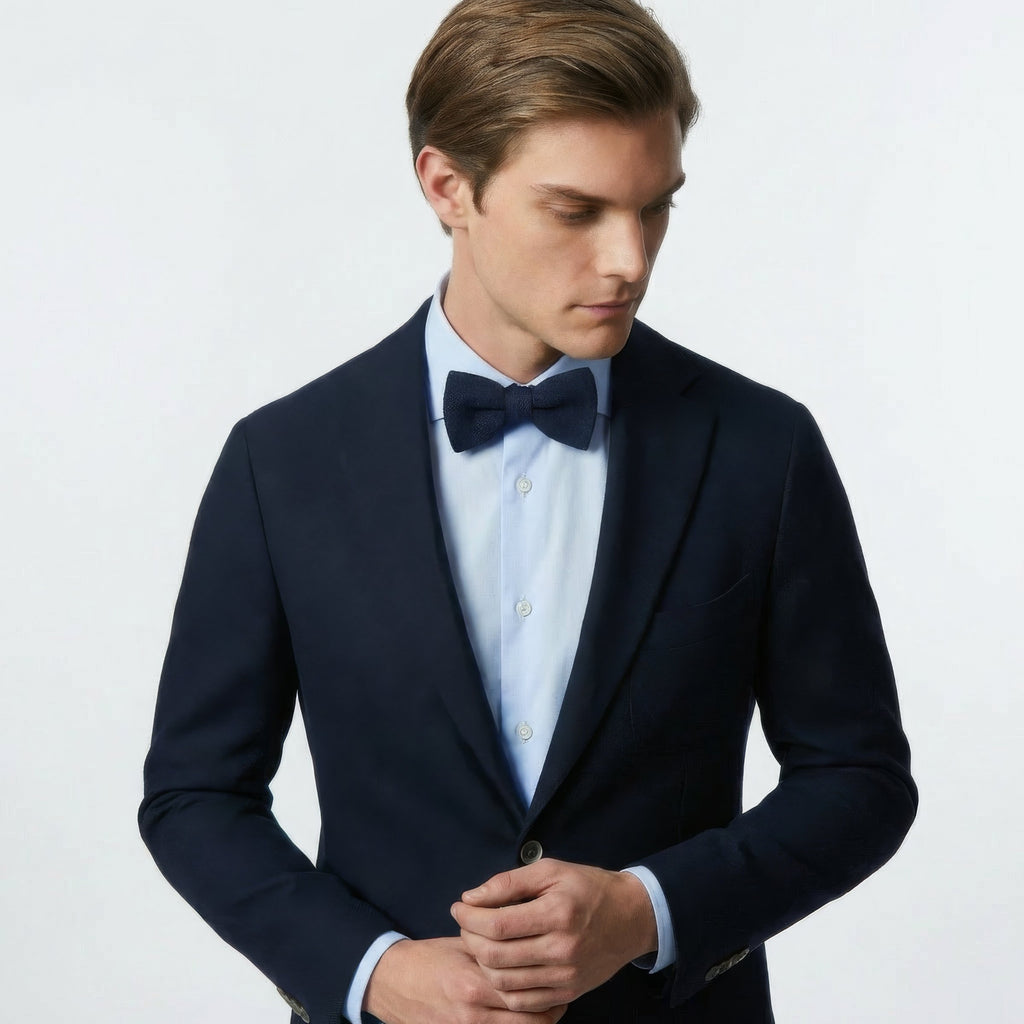 Dark Blue Silk Satin Bowtie To Self-Tie, worn with a suit and shirt