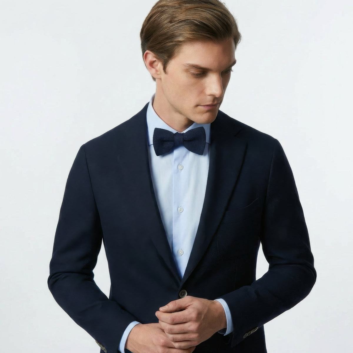 Dark Blue Silk Satin Bowtie To Self-Tie, worn with a suit and shirt