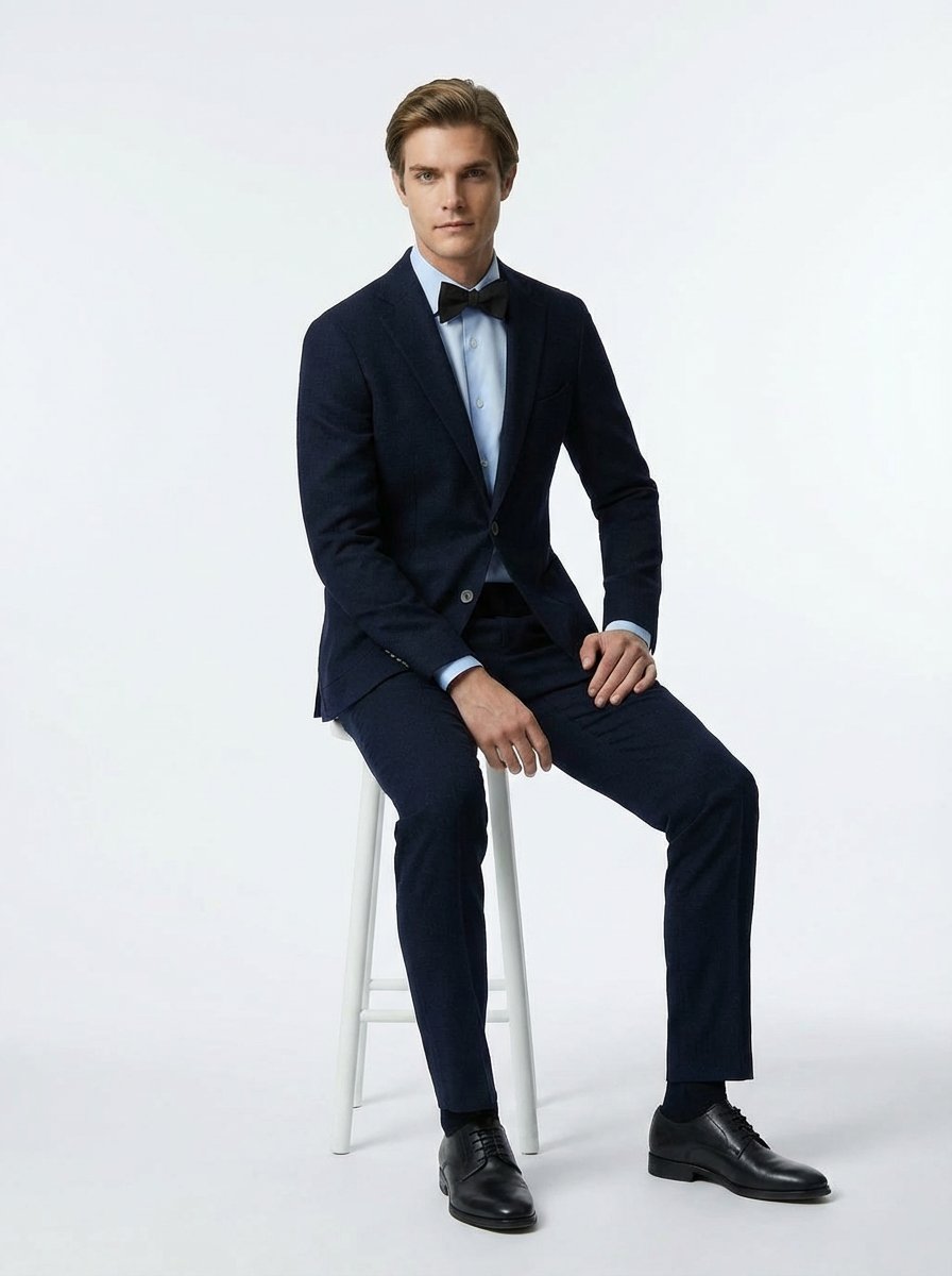 Dark Silk Satin Bowtie To Self-Tie, worn with a suit and shirt