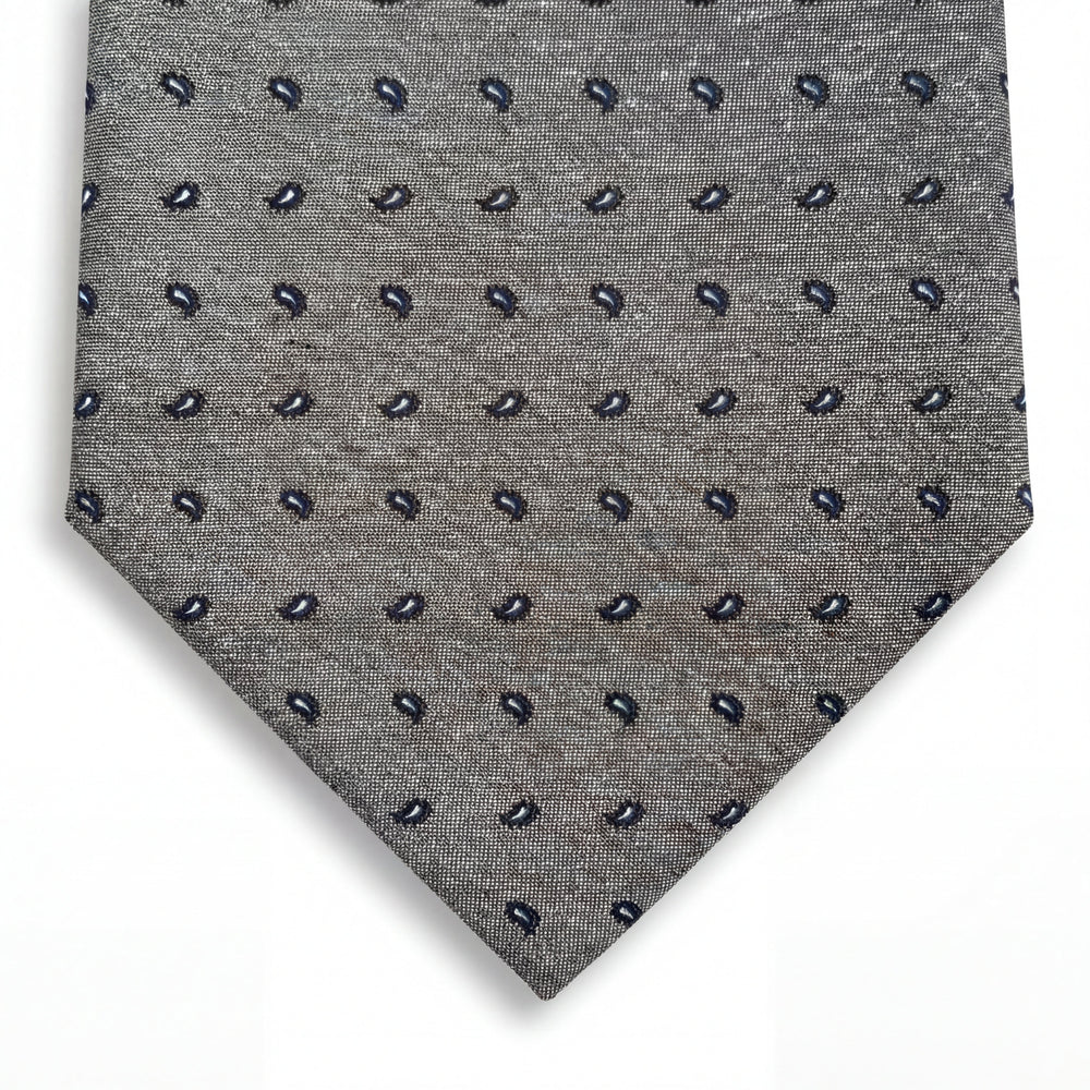 cravatta grigio sartoriale in seta jacquard con paisley, fatta a mano a Como da Lorenzi Como