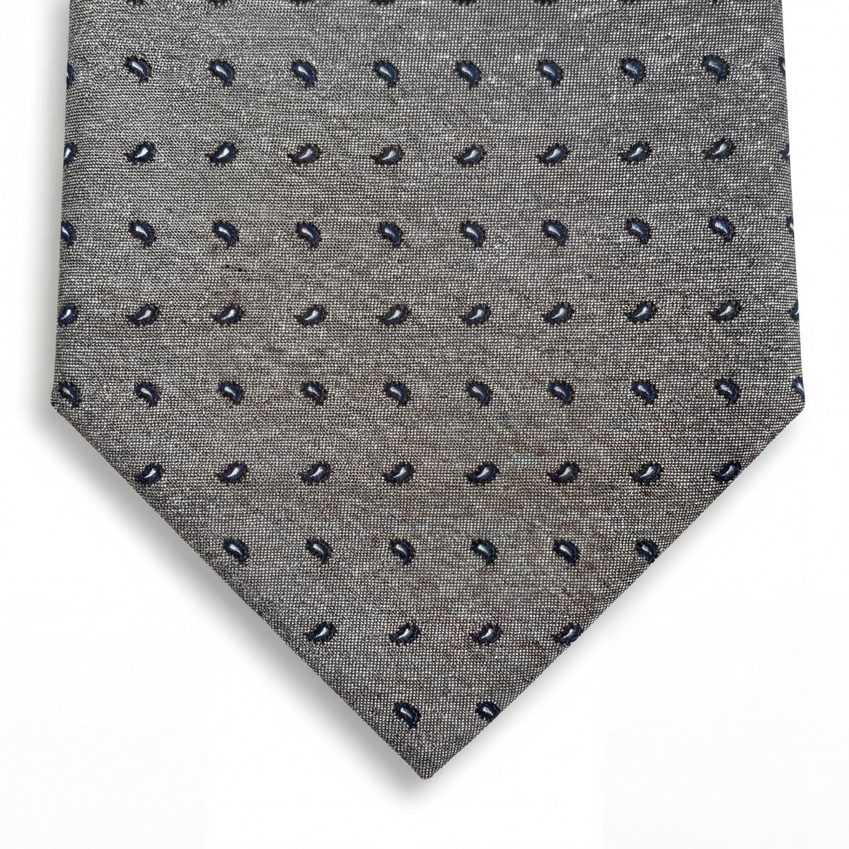 cravatta grigio sartoriale in seta jacquard con paisley, fatta a mano a Como da Lorenzi Como