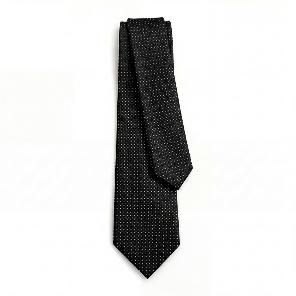 Black 3 Fold Sartorial Silk Tie - White Pin Dot - Lorenzi Como luxury silk tie