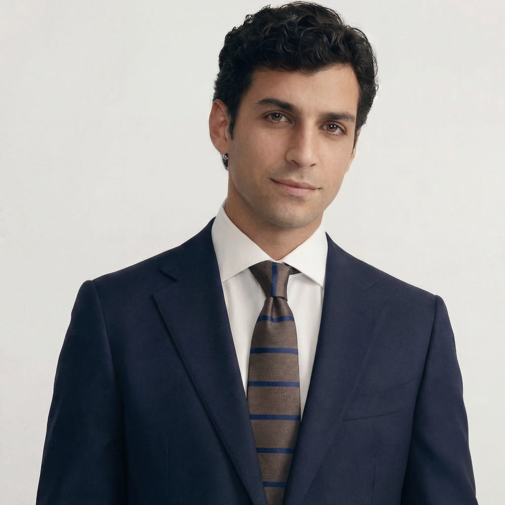 BROWN JACQUARD SILK TIE - Blue stripes