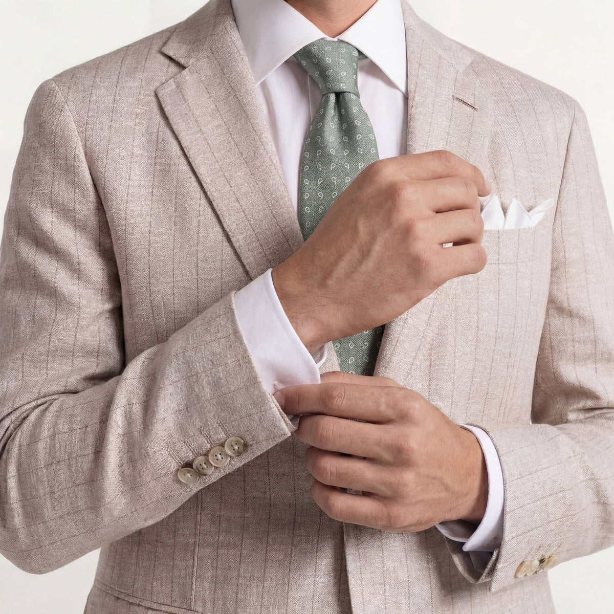 SAGE GREEN JACQUARD SILK TIE - Small paisley pattern, worn with a suit and shirt