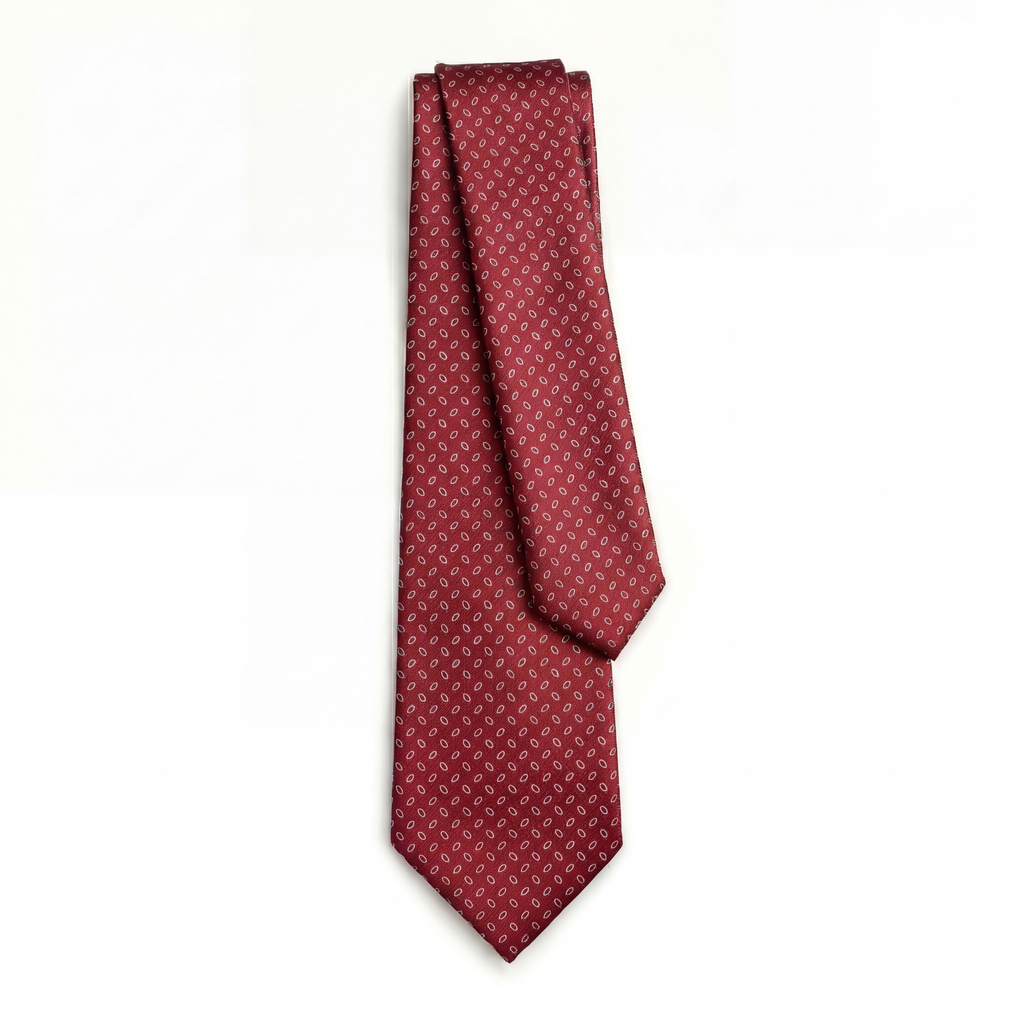RED JACQUARD SILK TIE - Oval micro pattern, full tie displayed on white background