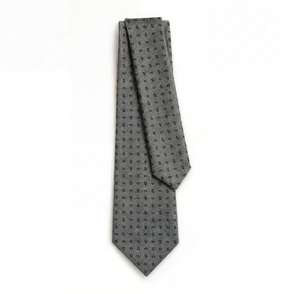 GRAY JACQUARD SILK TIE - Beige paisley pattern, full tie displayed on white background