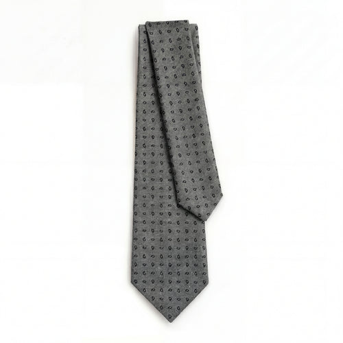 GRAY JACQUARD SILK TIE - Beige paisley pattern, full tie displayed on white background
