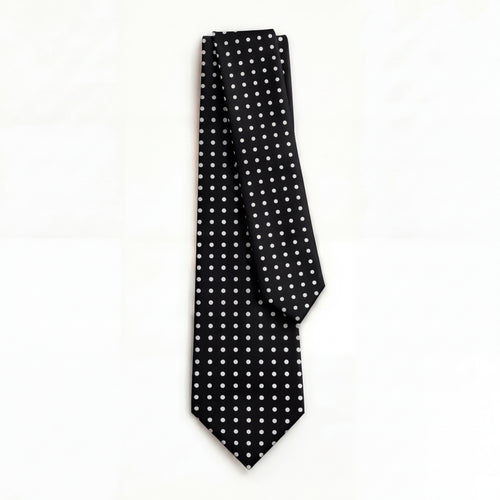 BLACK 3 FOLD JACQUARD SILK TIE — White Polka Dot