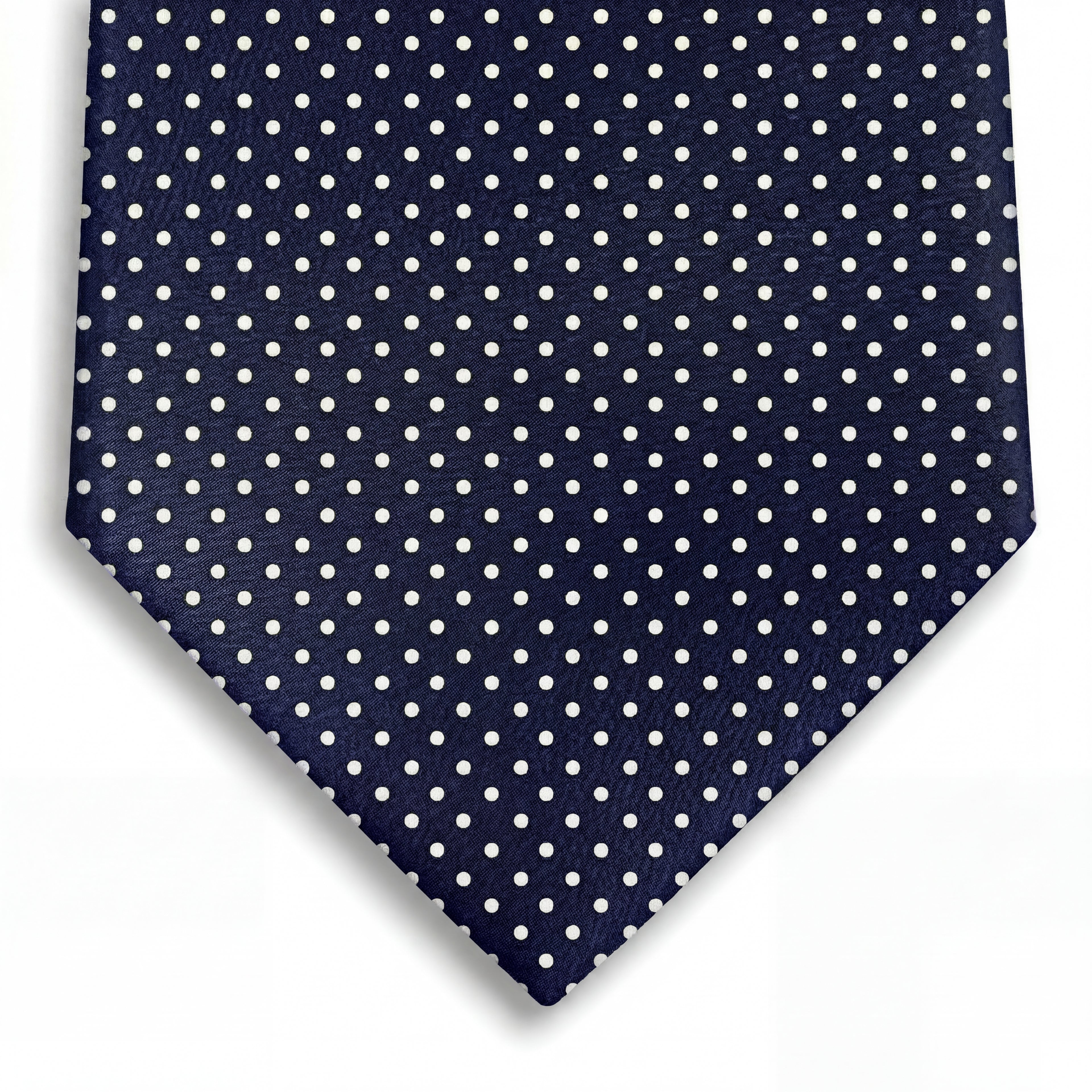 DARK BLUE 3 FOLD SARTORIAL SILK TIE - White Polka Dot - Lorenzi Como luxury silk tie