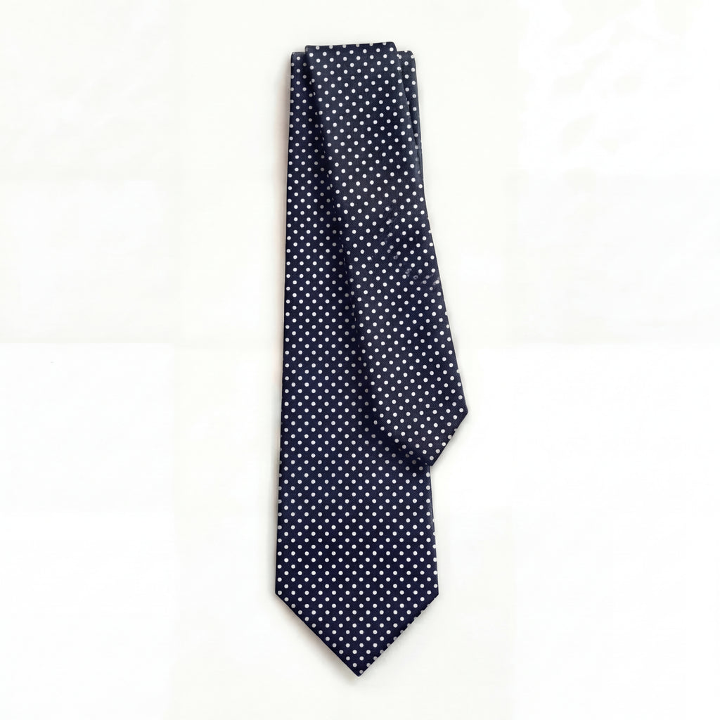 DARK BLUE 3 FOLD SARTORIAL SILK TIE - White Polka Dot, full tie displayed on white background