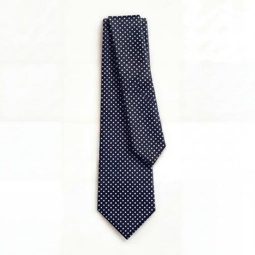 DARK BLUE 3 FOLD SARTORIAL SILK TIE - White Polka Dot, full tie displayed on white background