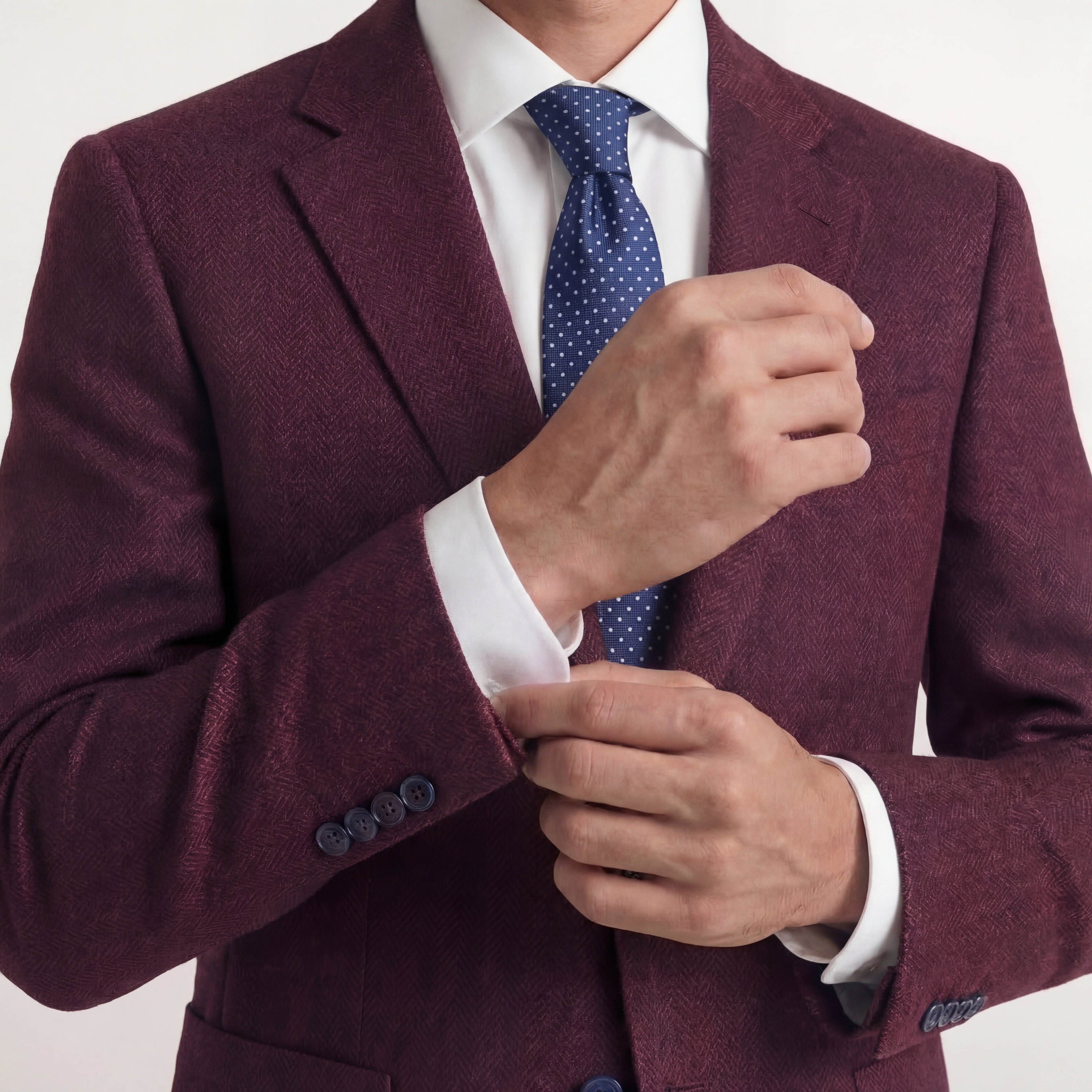 DARK BLUE 3 FOLD SARTORIAL SILK TIE - Light Blue Polka Dot, worn with a suit and shirt