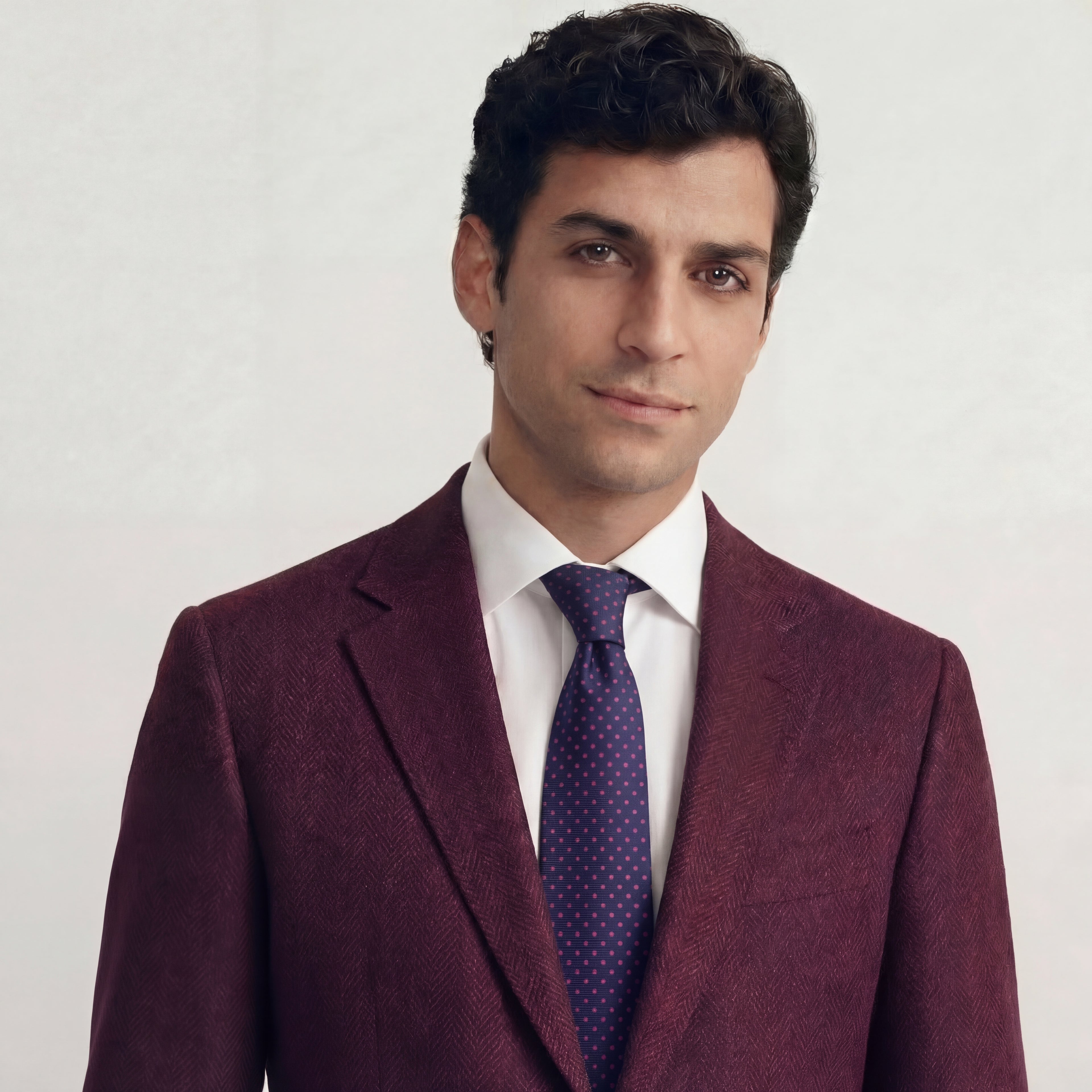 DARK BLUE 3 FOLD SARTORIAL SILK TIE - Fuchsia Polka Dot, product view 4