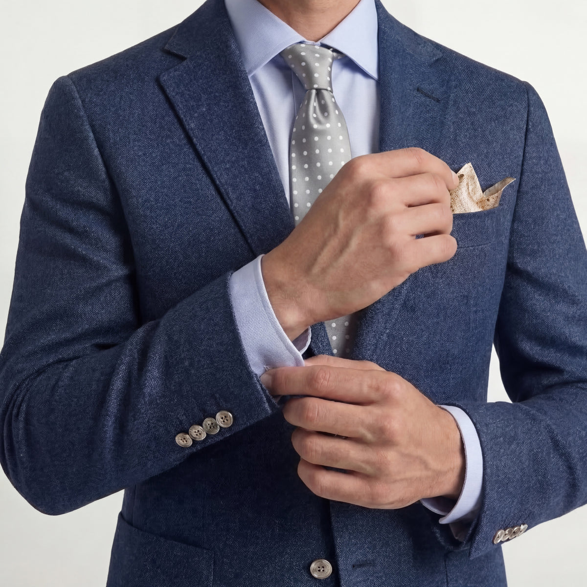 SILVER 3 FOLD JACQUARD SILK TIE - White Polka Dot, worn with a suit and shirt