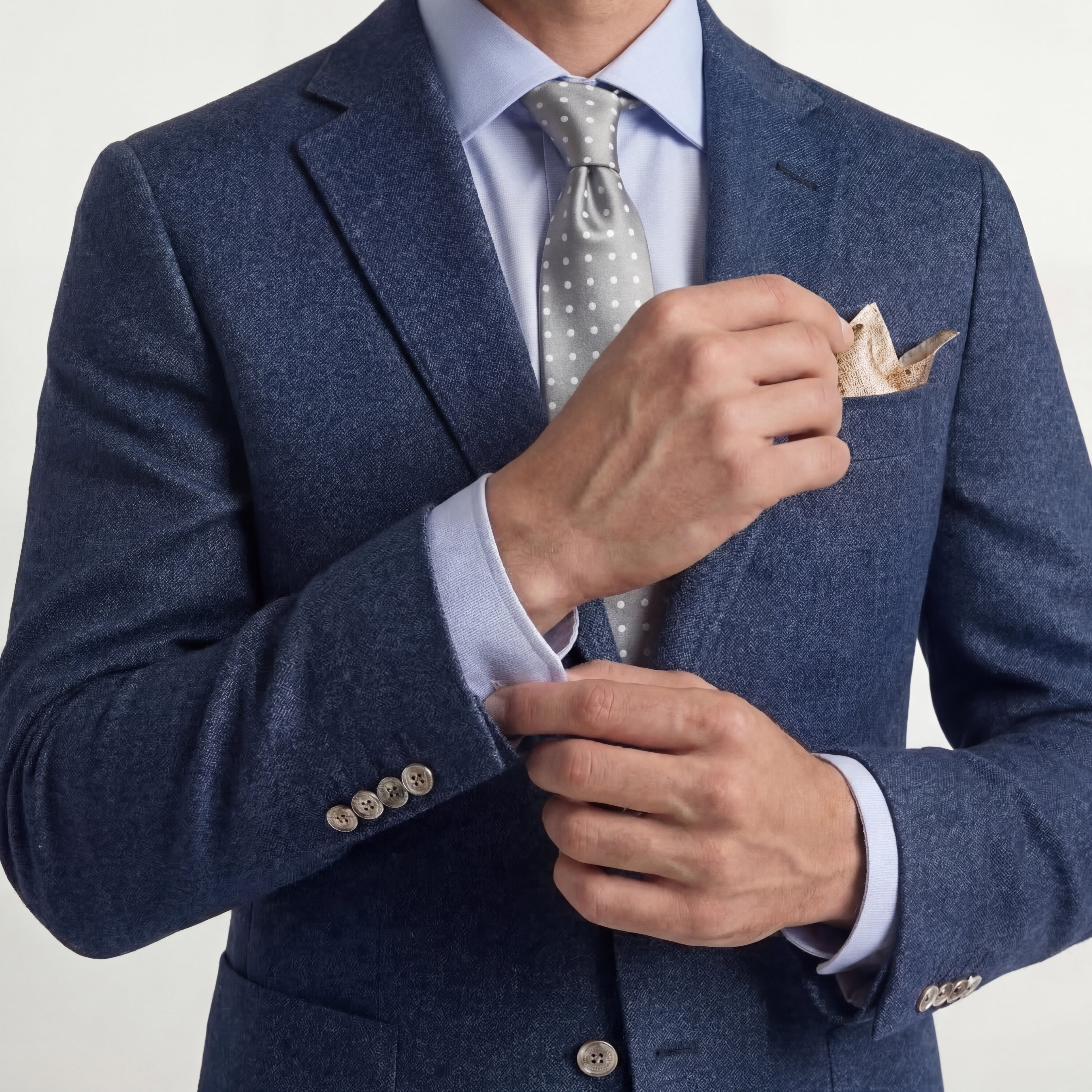 SILVER 3 FOLD JACQUARD SILK TIE - White Polka Dot, worn with a suit and shirt