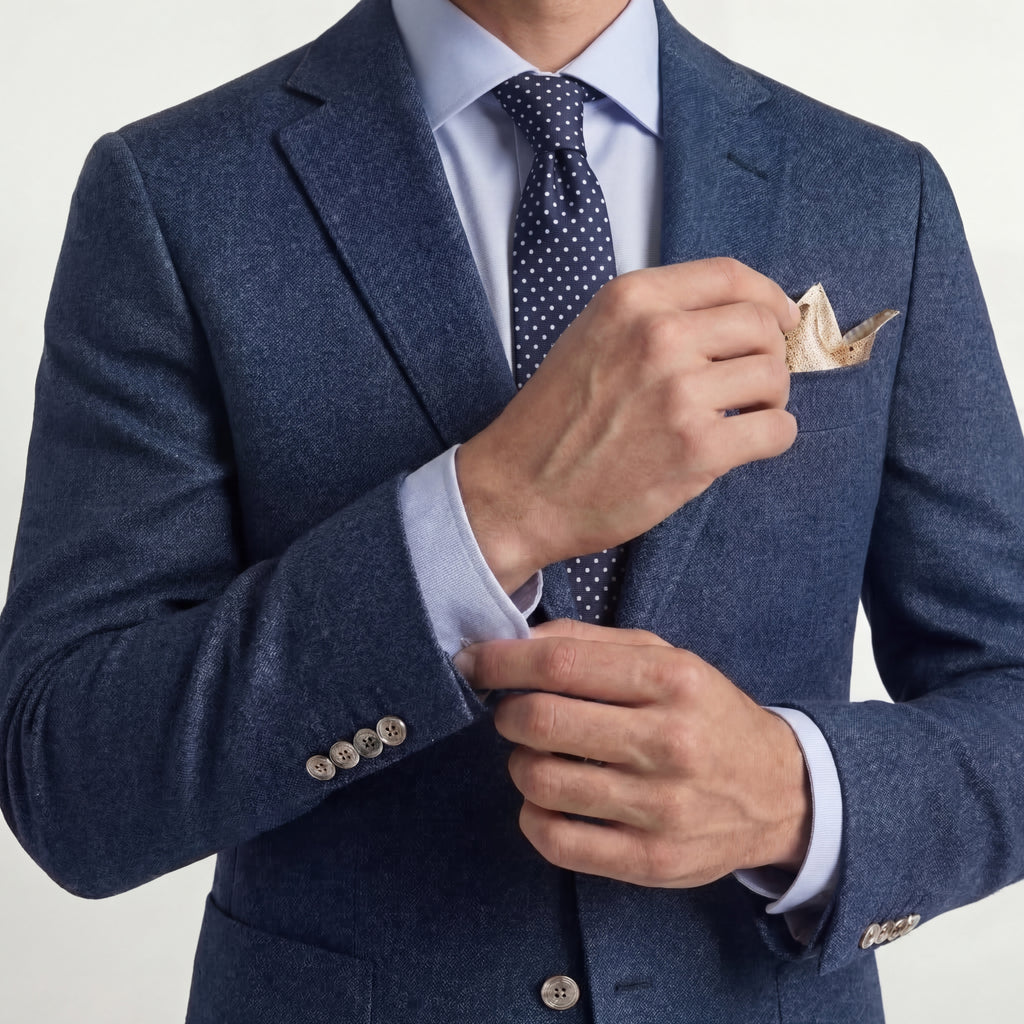 DARK BLUE 3 FOLD SARTORIAL SILK TIE - White Polka Dot, worn with a suit and shirt