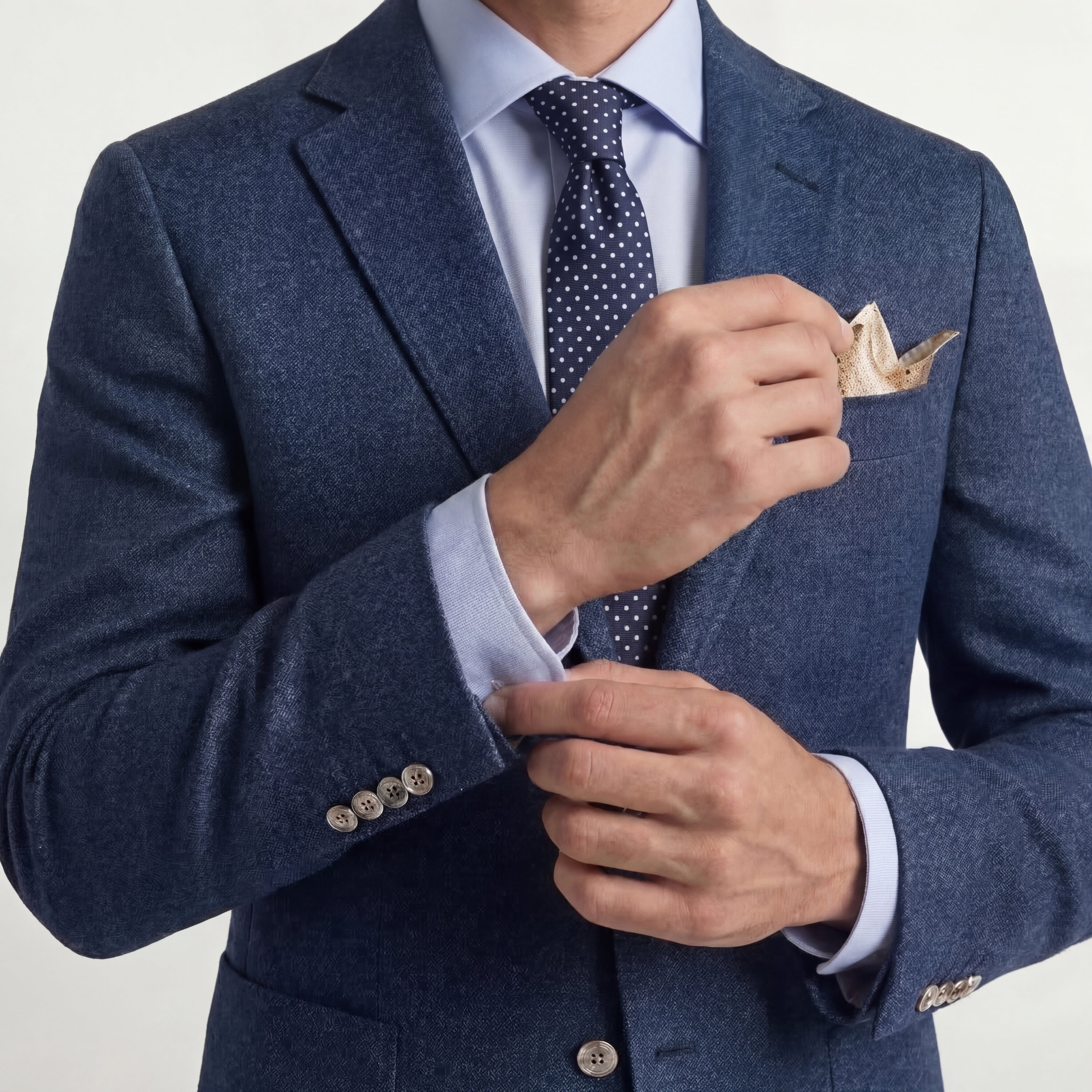 DARK BLUE 3 FOLD SARTORIAL SILK TIE - White Polka Dot, worn with a suit and shirt