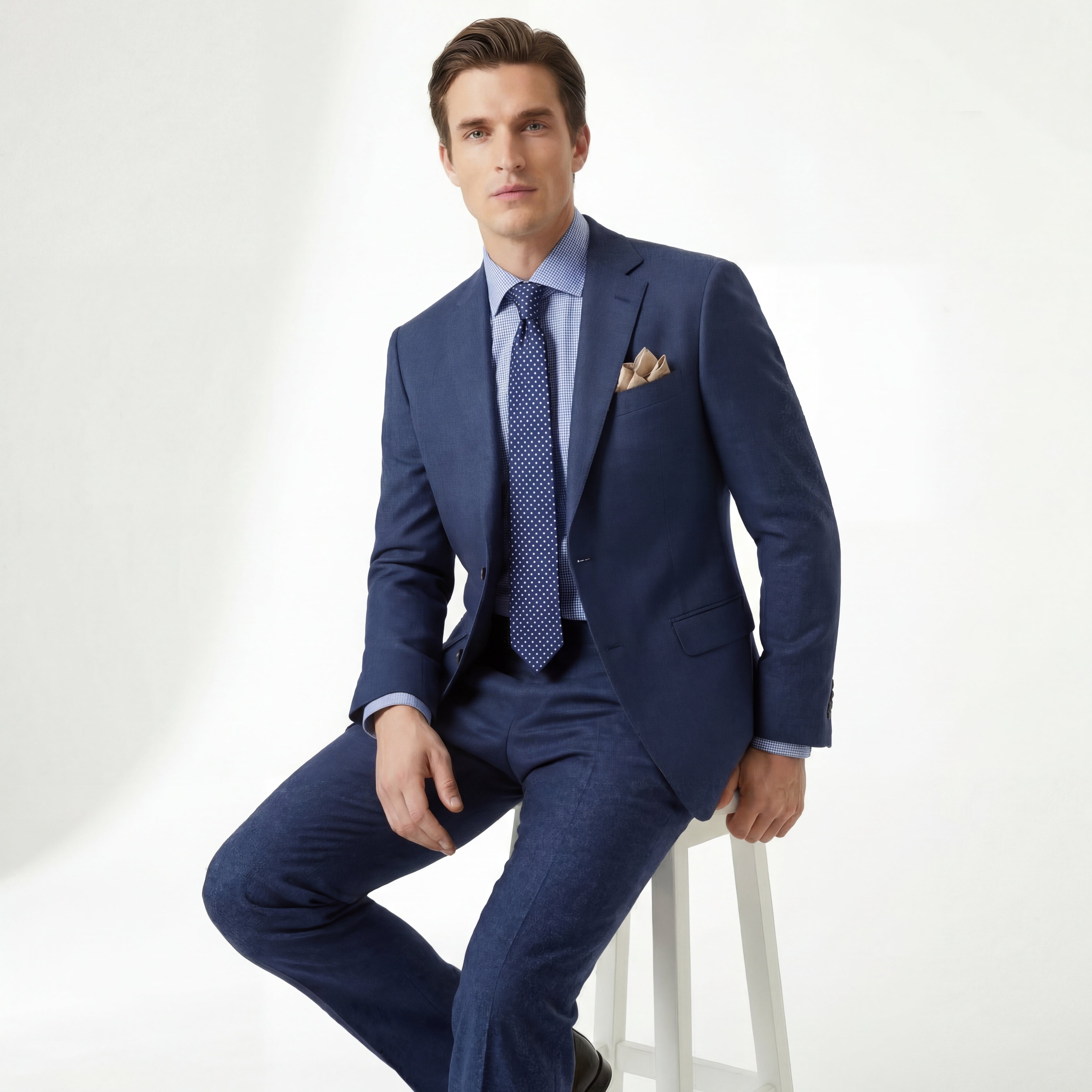 DARK BLUE 3 FOLD SARTORIAL SILK TIE - White Polka Dot, product view 5