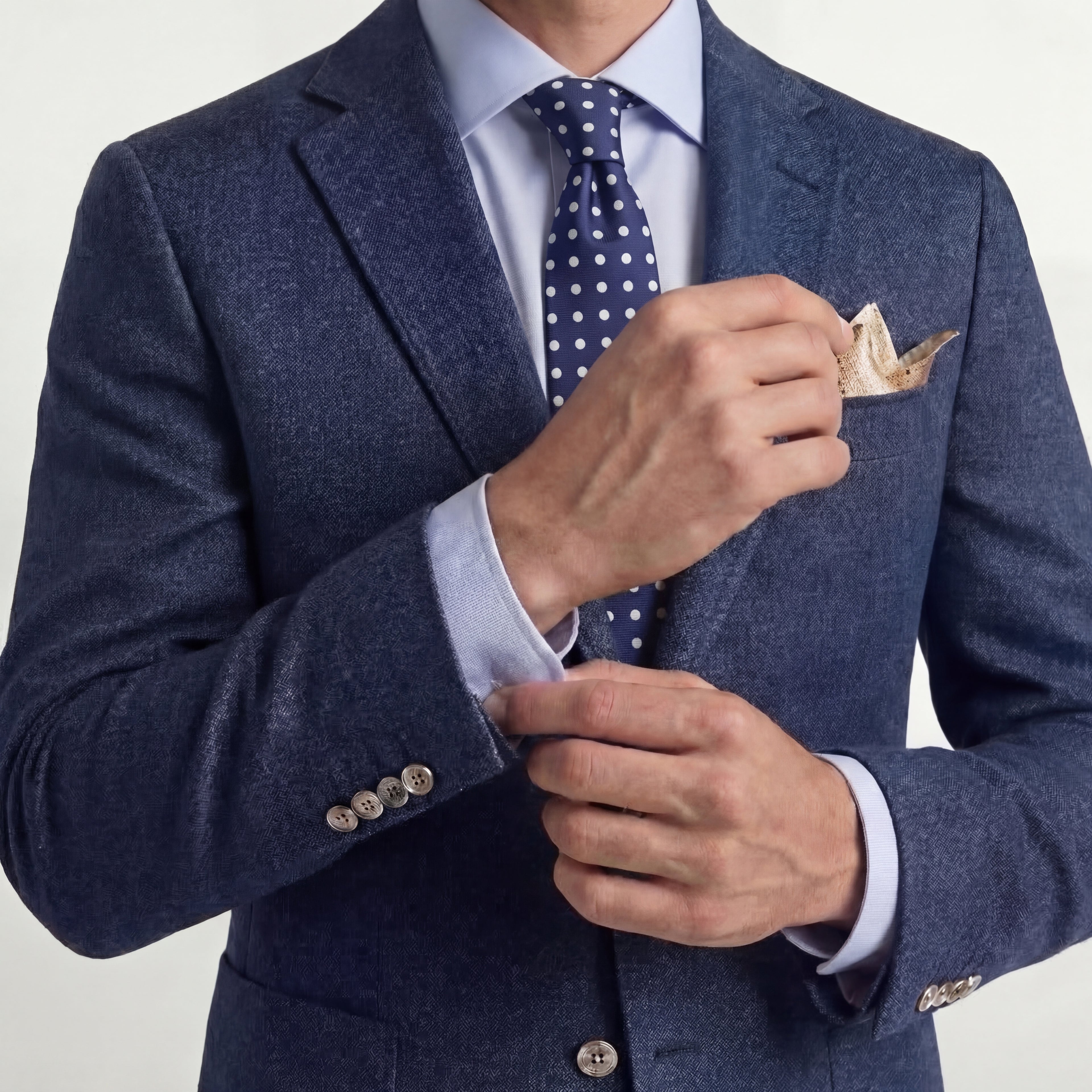 DARK BLUE 3 FOLD JACQUARD SILK TIE - White Polka Dot - Lorenzi Como luxury silk tie