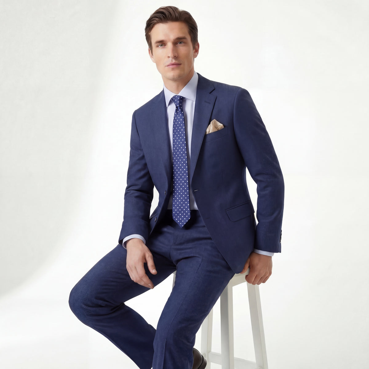 DARK BLUE 3 FOLD JACQUARD SILK TIE - White Polka Dot, product view 5