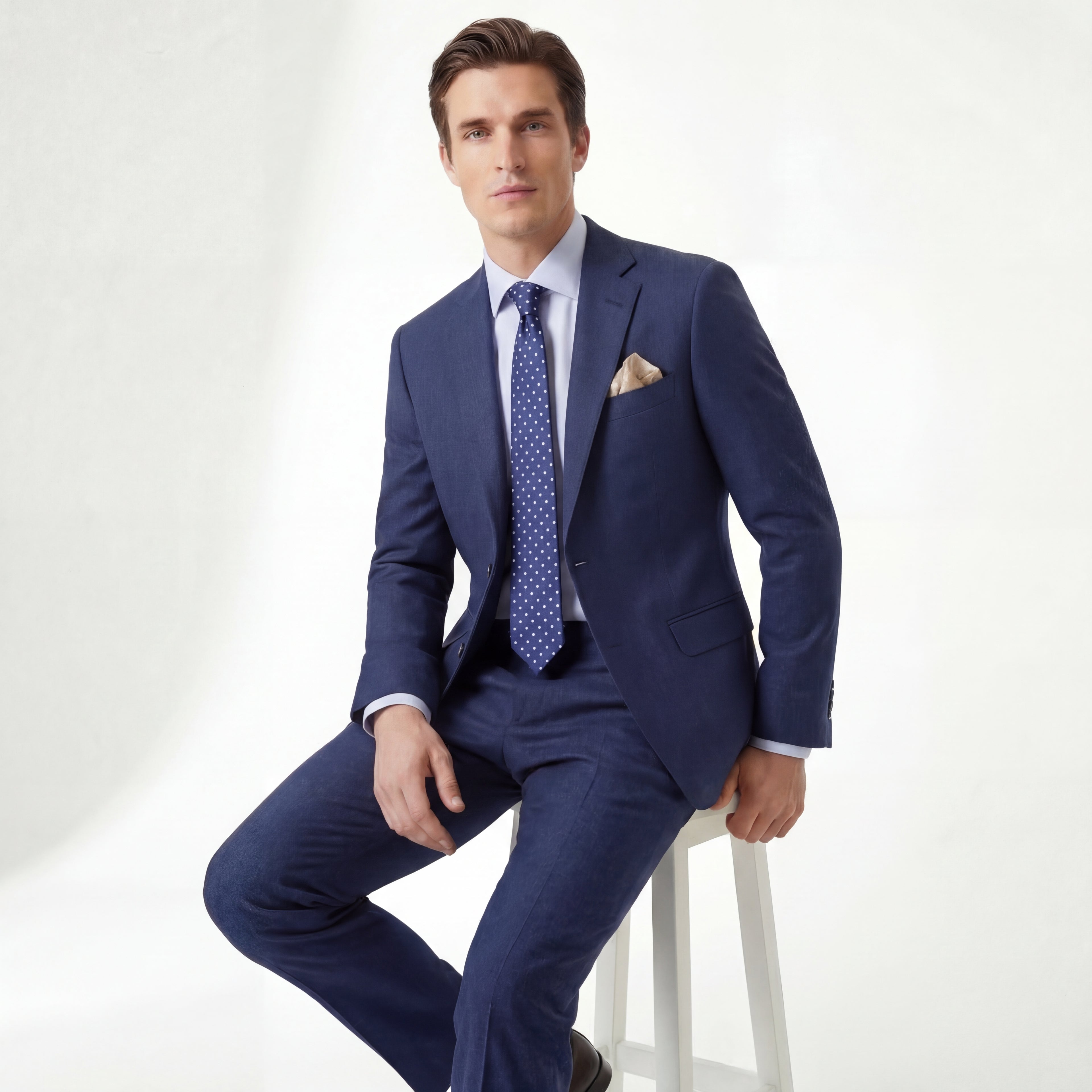 DARK BLUE 3 FOLD JACQUARD SILK TIE - White Polka Dot, product view 5