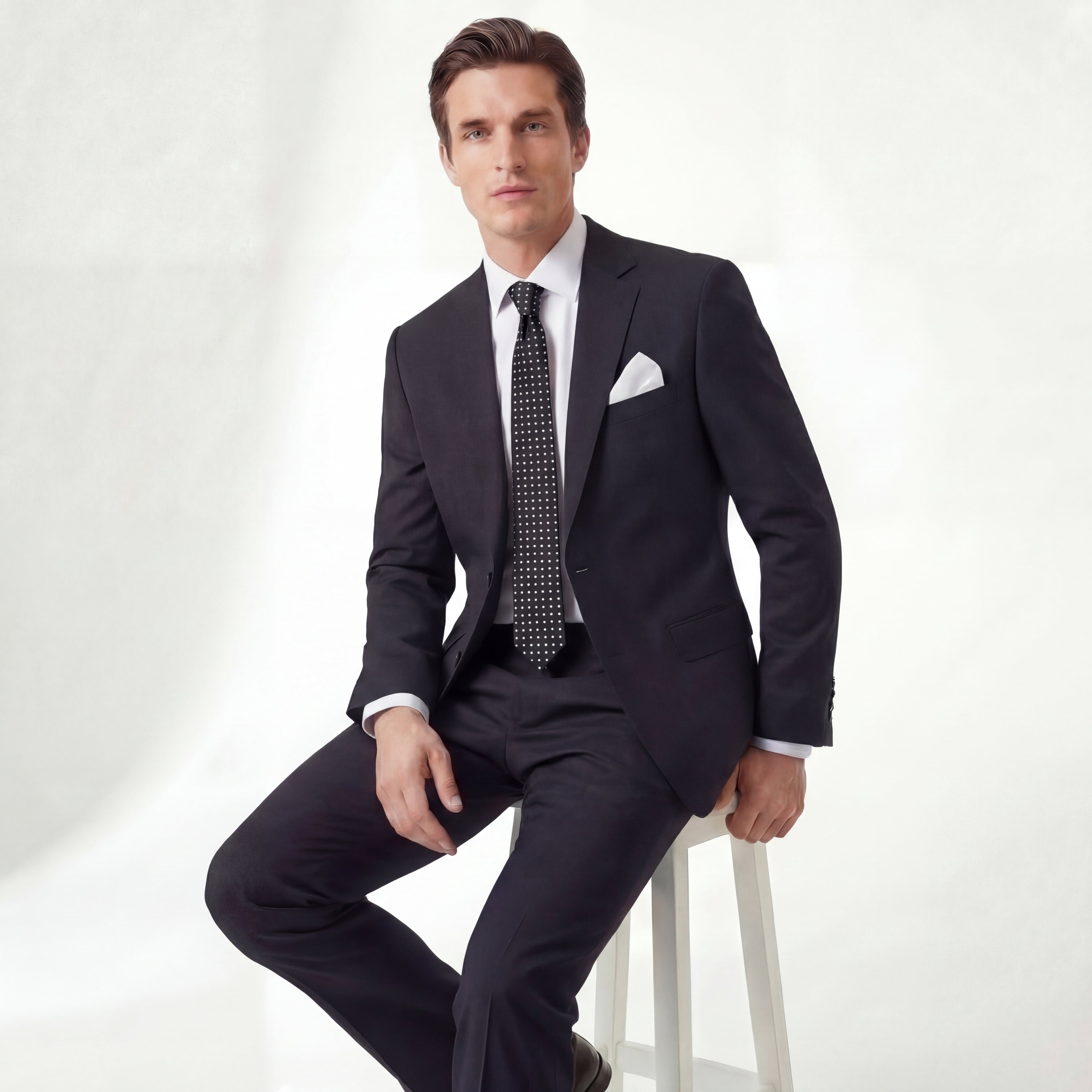 BLACK 3 FOLD JACQUARD SILK TIE - White Polka Dot, product view 5